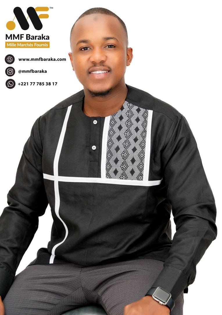 Chemise noire à panneau blanc et motifs géométriques MMF Baraka
